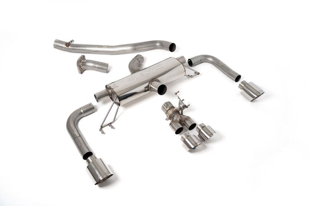 Milltek Sport exhaust system parts for 2023+ Toyota Corolla GR Corolla 1.6 Turbo (part SSXTY145): pipework, silencers and polished silver tailpipe tips