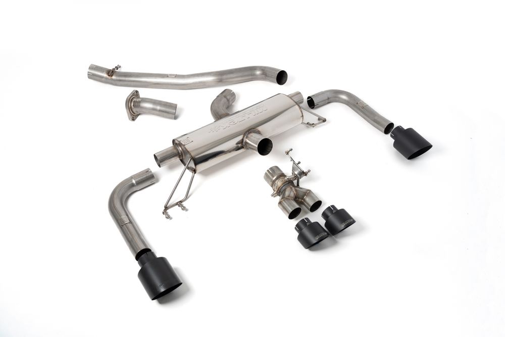 Milltek Sport exhaust system parts for 2023+ Toyota Corolla GR Corolla 1.6 Turbo (part SSXTY146): pipework, silencers and black tailpipe tips