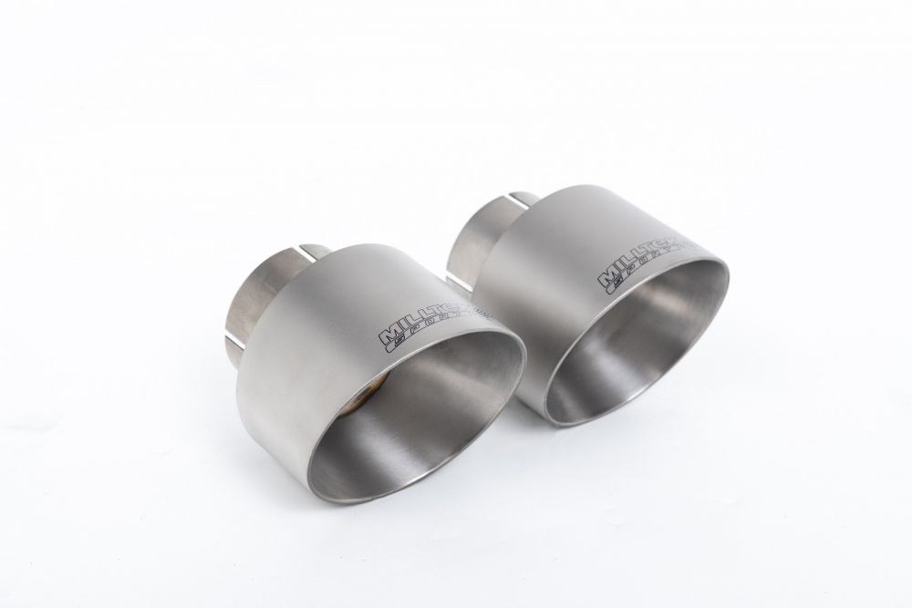 Close-up of polished silver Milltek Sport exhaust tips for the 2023+ Toyota Corolla GR Corolla 1.6 Turbo (part SSXTY147)