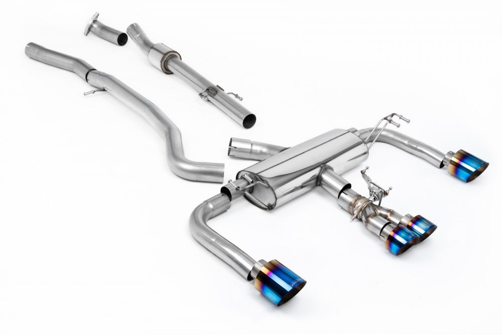 Milltek Sport exhaust system parts for 2023+ Toyota Corolla GR Corolla 1.6 Turbo (part SSXTY152): pipework, silencers and burnt titanium blue tailpipe tips