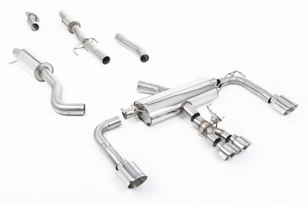 Milltek Sport exhaust system parts for 2023+ Toyota Corolla GR Corolla 1.6 Turbo (part SSXTY159): pipework, silencers and polished silver tailpipe tips