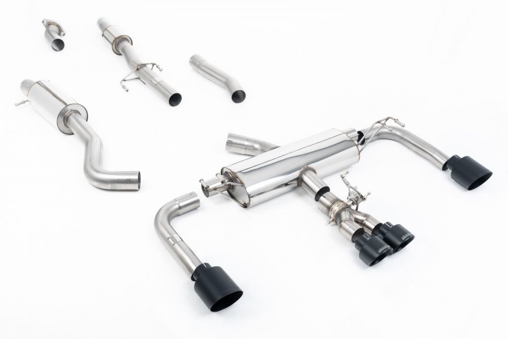 Milltek Sport exhaust system parts for 2023+ Toyota Corolla GR Corolla 1.6 Turbo (part SSXTY160): pipework, silencers and black tailpipe tips