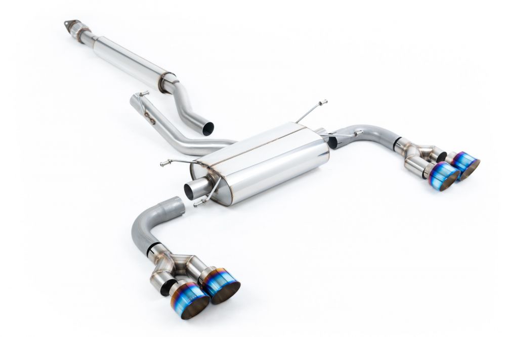 Milltek Sport exhaust system parts for 2022+ Toyota GR86 2.4 Litre (part SSXTY165): pipework, silencers and burnt titanium blue tailpipe tips