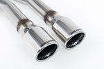 Close-up of polished silver Milltek Sport exhaust tips for the 1999-2005 Volkswagen Jetta Mk4 1.8T 2WD (part SSXVW032)