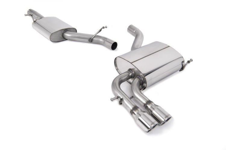 A front view of Milltek Resonated (Quieter) Cat-Back Exhaust System Jet Polished Tips Audi A3 8P 2.0T FSI Quattro 2003-2012 with white background