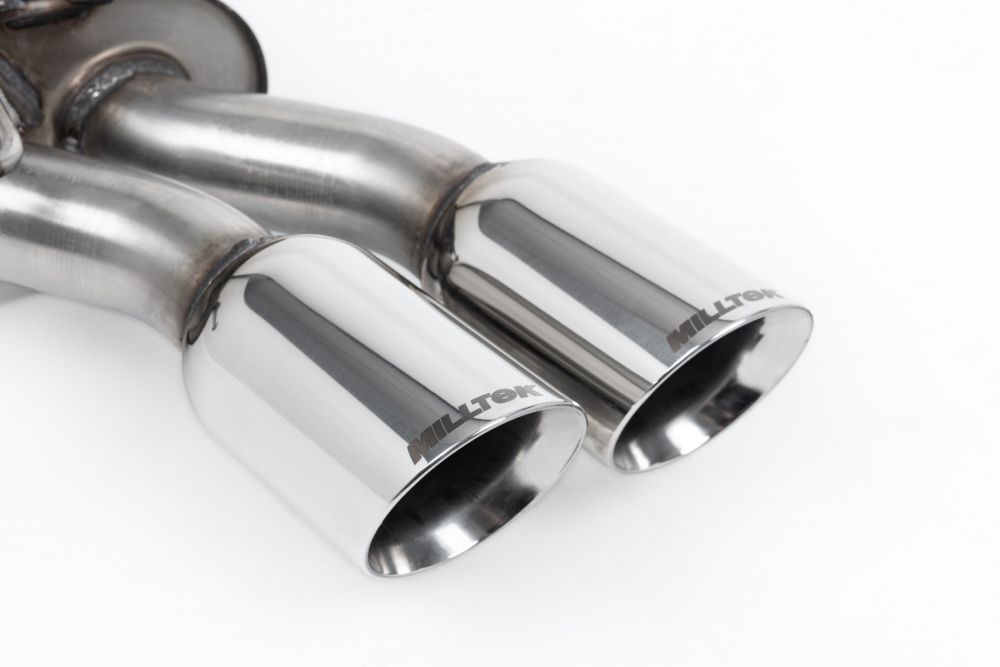 Close-up of polished silver Milltek Sport exhaust tips for the 1998-2004 Volkswagen Golf Mk4 GTI 1.8T (part SSXVW052)