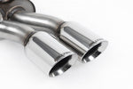 Close-up of polished silver Milltek Sport exhaust tips for the 1998-2004 Volkswagen Golf Mk4 GTI 1.8T (part SSXVW053)