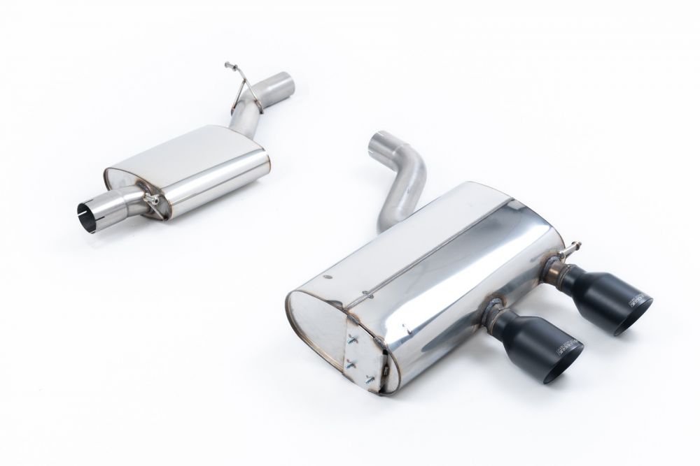Milltek Sport exhaust system parts for 2005-2009 Volkswagen Golf MK5 R32 3.2 V6 (part SSXVW419): pipework, silencers and black tailpipe tips