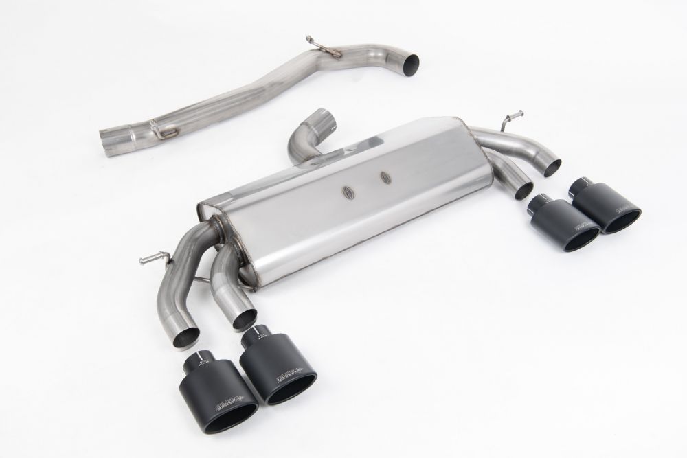 Milltek Sport exhaust system parts for 2017-2021 Volkswagen Golf Mk7.5 R 2.0 TSI 310PS - 76mm & EC Approved Systems (part SSXVW425): pipework, silencers and black tailpipe tips
