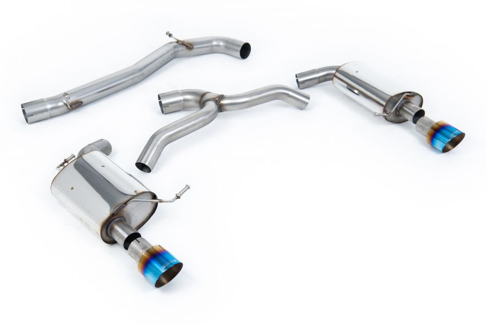Milltek Sport exhaust system parts for 2016-2021 Volkswagen Golf Mk7 2.0TFSI Alltrack / Estate / Station Wagon / Combi 4-Motion (part SSXVW441): pipework, silencers and burnt titanium blue tailpipe tips