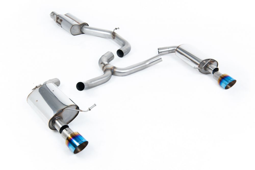 Milltek Sport exhaust system parts for 2016-2021 Volkswagen Golf Mk7 2.0TFSI Alltrack / Estate / Station Wagon / Combi 4-Motion (part SSXVW446): pipework, silencers and burnt titanium blue tailpipe tips