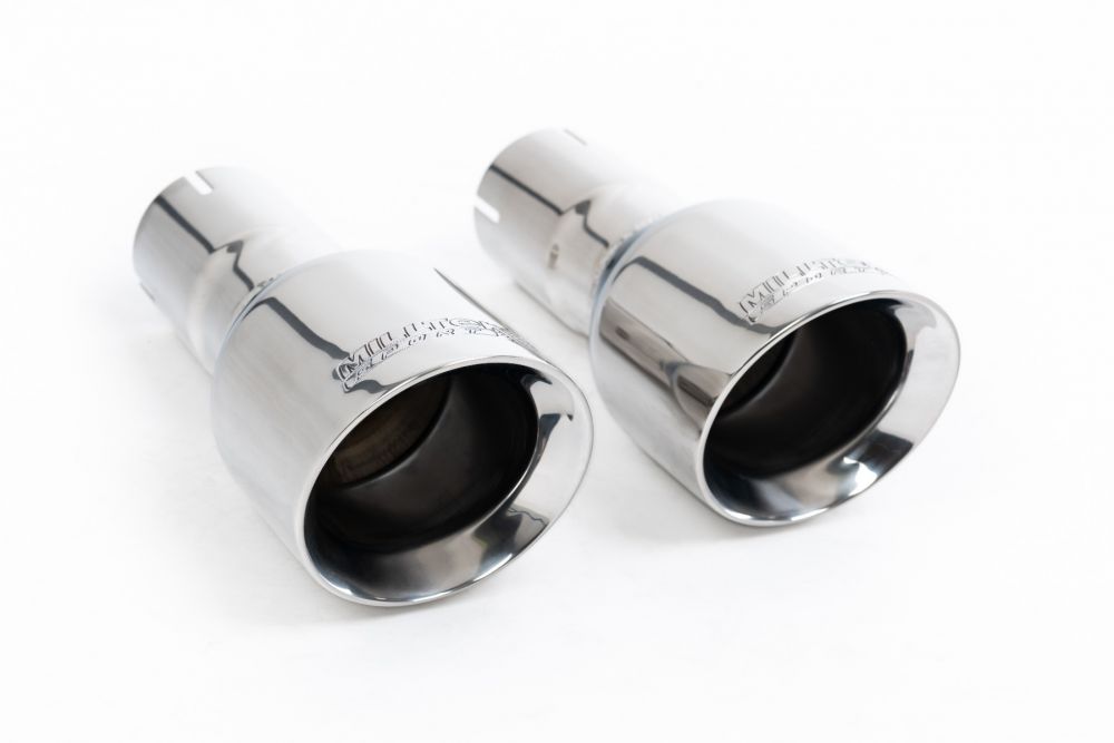 Close-up of polished silver Milltek Sport exhaust tips for the 2017-2018 Volkswagen Golf MK7.5 GTi (part SSXVW497)