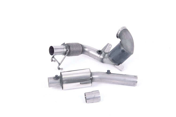 A front view of Milltek Resonated Downpipe (Quieter) w/ High-Flow Sports Cat for OE Catback Audi A1 2019+ with white background
