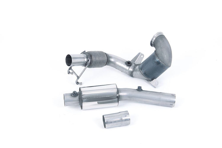 A front view of Milltek Resonated Downpipe (Quieter) w/ High-Flow Sports Cat for Milltek Catback Audi A1 2019+ with white background
