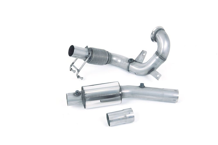 A front view of Milltek Resonated Downpipe (Quieter) and De-Cat for Milltek Catback Volkswagen Polo Mk6 2017+ with white background