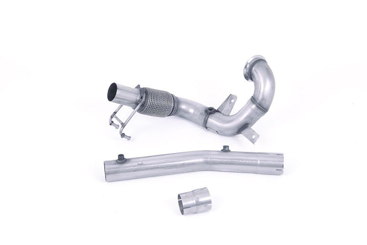A front view of Milltek Non-Resonated Downpipe (Quieter) and De-Cat for OE Catback Volkswagen Polo Mk6 2017+ with white background
