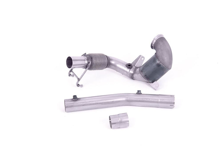 A front view of Milltek Non-Resonated Downpipe (Louder) w/ High-Flow Sports Cat for OE Catback Volkswagen Polo Mk6 2017+ with white background