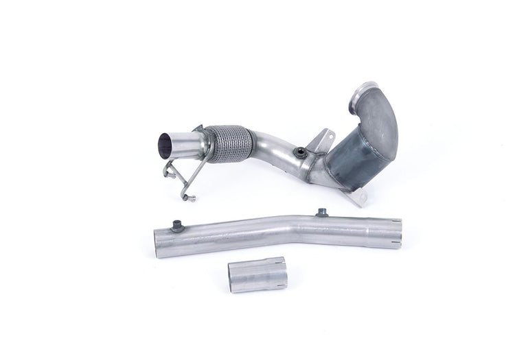 A front view of Milltek Non-Resonated Downpipe (Louder) w/ High-Flow Sports Catalyst Audi A1 2019+ with white background