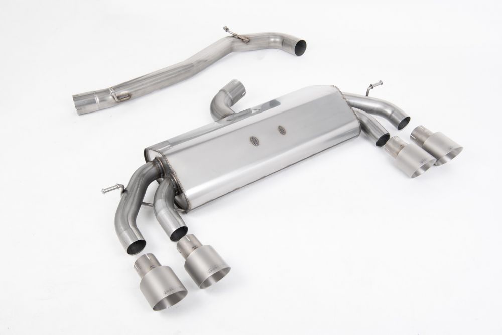 Milltek Sport exhaust system parts for 2017-2021 Volkswagen Golf Mk7.5 R 2.0 TSI 310PS - 76mm & EC Approved Systems (part SSXVW589): pipework, silencers and polished silver tailpipe tips