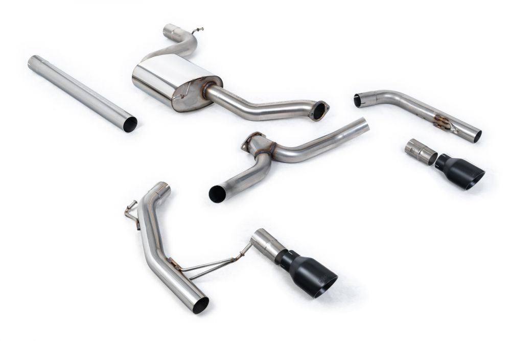 Milltek Sport exhaust system parts for 2019+ Volkswagen Jetta Mk7 GLi 2.0T (part SSXVW604): pipework, silencers and black tailpipe tips