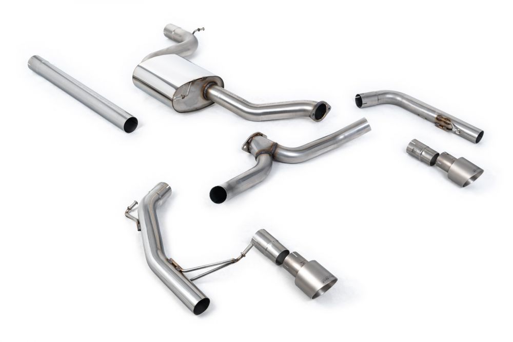 Milltek Sport exhaust system parts for 2019+ Volkswagen Jetta Mk7 GLi 2.0T (part SSXVW605): pipework, silencers and polished silver tailpipe tips