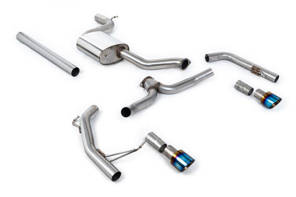 Milltek Sport exhaust system parts for 2019+ Volkswagen Jetta Mk7 GLi 2.0T (part SSXVW606): pipework, silencers and burnt titanium blue tailpipe tips
