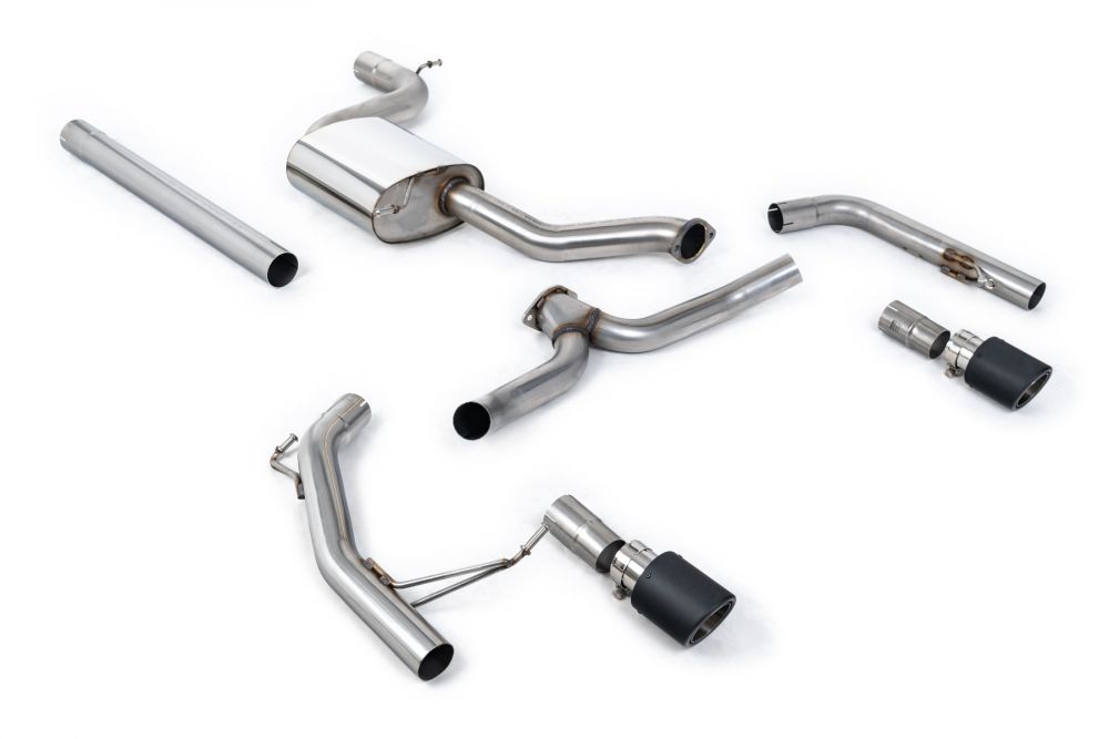 Milltek Sport exhaust system parts for 2019+ Volkswagen Jetta Mk7 GLi 2.0T (part SSXVW607): pipework, silencers and black tailpipe tips