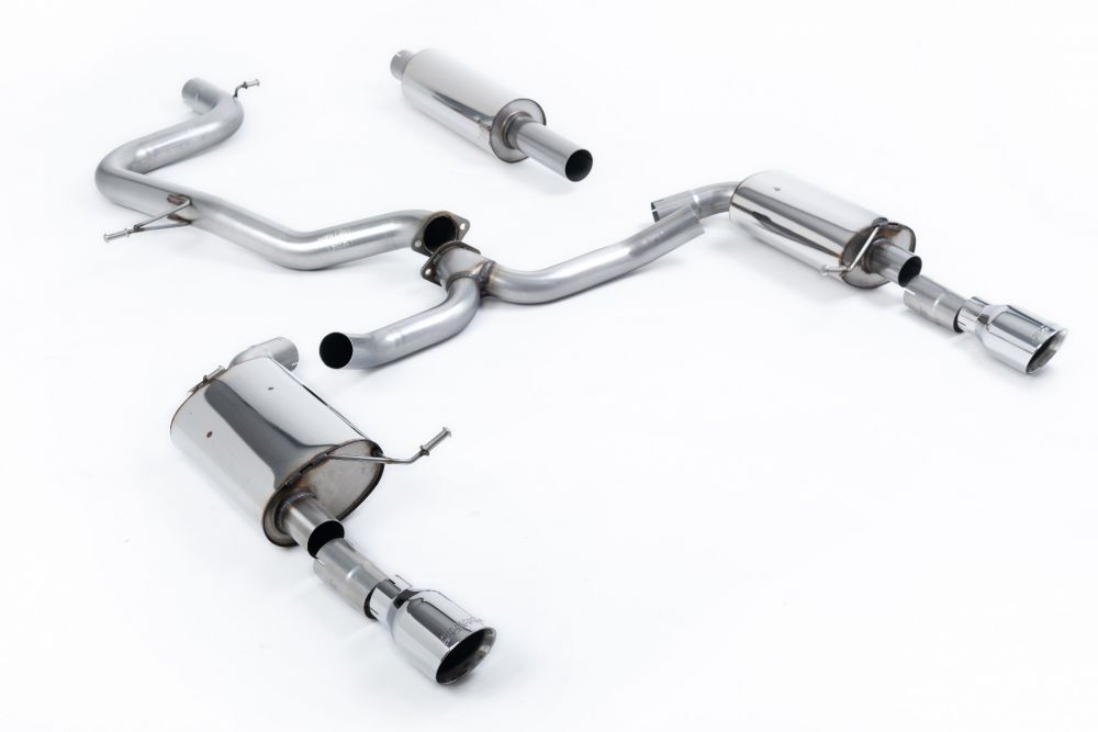 Milltek Sport exhaust system parts for 2019+ Volkswagen Jetta Mk7 GLi 2.0T (part SSXVW608): pipework, silencers and black tailpipe tips