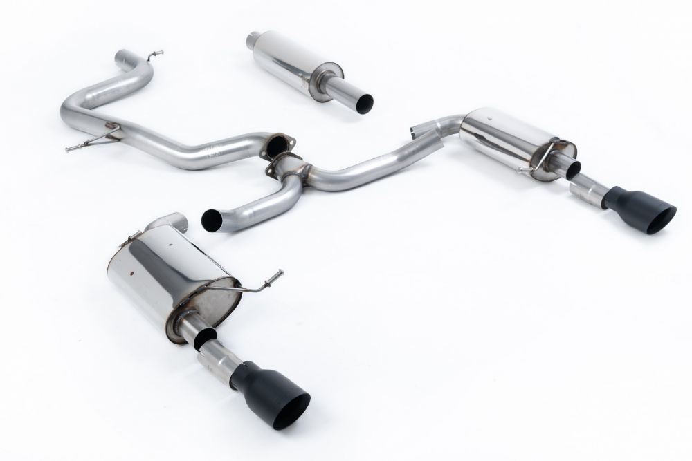 Milltek Sport exhaust system parts for 2019+ Volkswagen Jetta Mk7 GLi 2.0T (part SSXVW609): pipework, silencers and black tailpipe tips