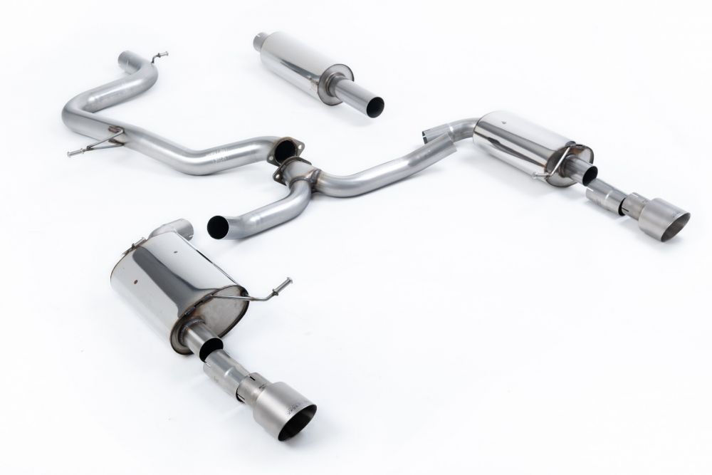 Milltek Sport exhaust system parts for 2019+ Volkswagen Jetta Mk7 GLi 2.0T (part SSXVW610): pipework, silencers and black tailpipe tips