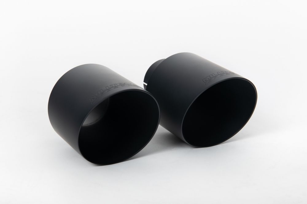Close-up of black Milltek Sport exhaust tips for the 2021-2024 Volkswagen Golf Mk8 GTi (part SSXVW618)