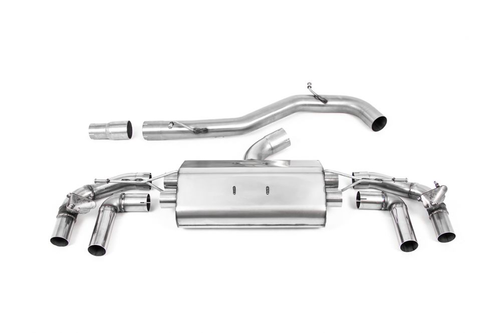 Milltek Sport exhaust system parts for 2025+ Volkswagen Golf Mk8.5 R (part SSXVW625): pipework, silencers and polished silver tailpipe tips