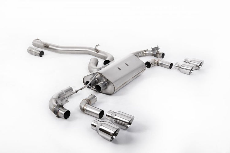Milltek Sport exhaust system parts for 2017-2021 Volkswagen Golf Mk7.5 R 2.0 TSI 310PS - 80mm Race Systems (part SSXVW646): pipework, silencers and black tailpipe tips