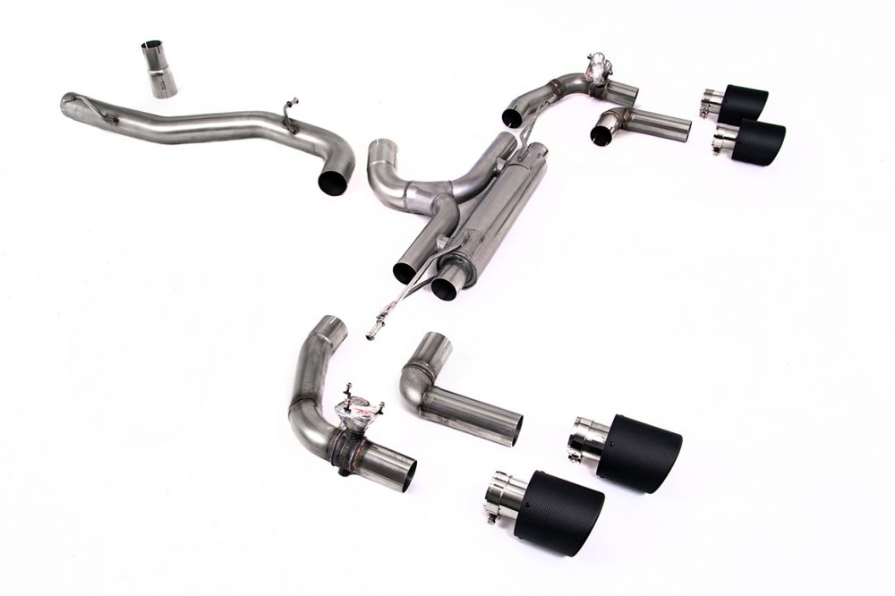 Milltek Sport exhaust system parts for 2025+ Volkswagen Golf Mk8.5 R (part SSXVW671): pipework, silencers and black tailpipe tips