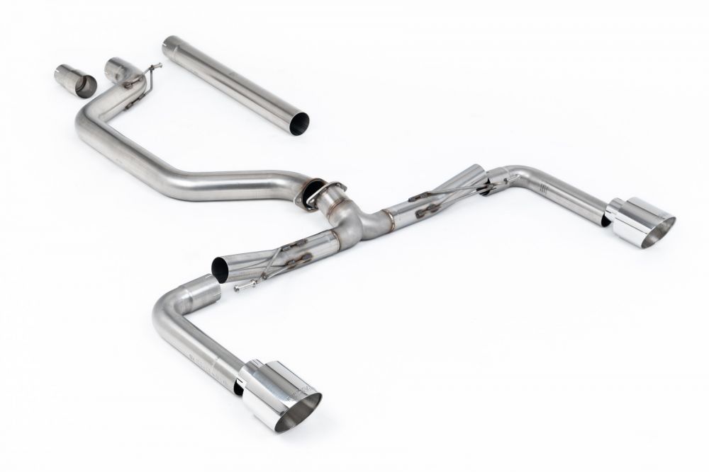 Milltek Sport exhaust system parts for 2021-2024 Volkswagen Golf Mk8 GTi (part SSXVW678): pipework, silencers and polished silver tailpipe tips