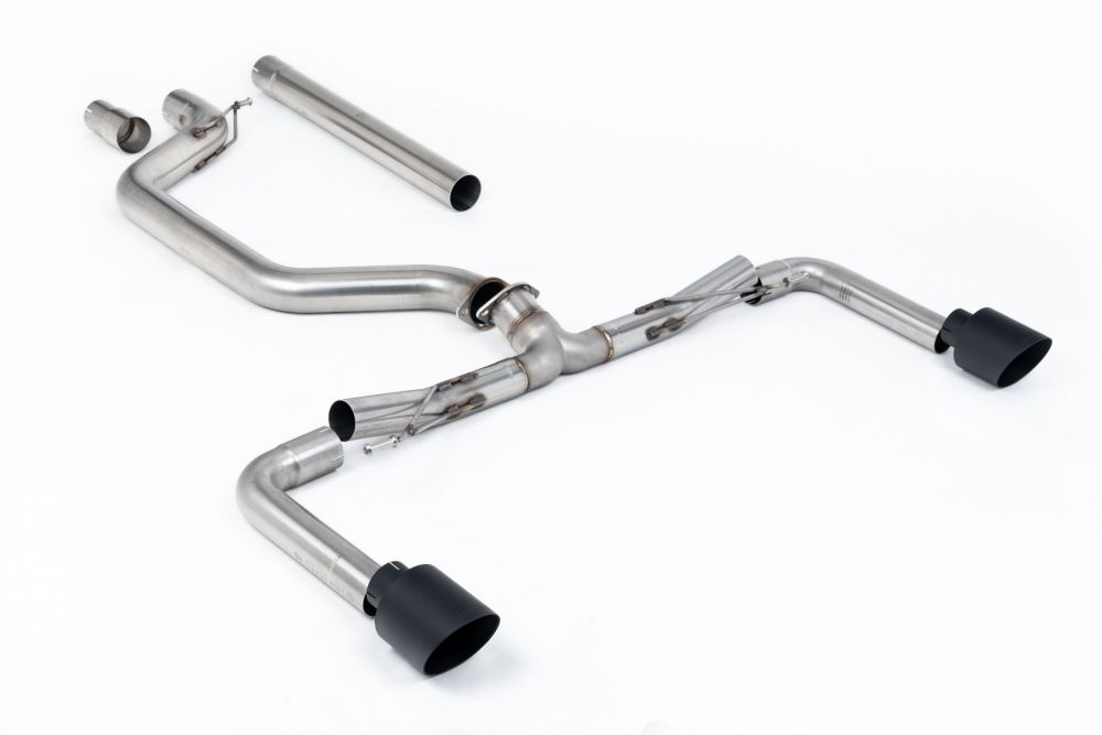 Milltek Sport exhaust system parts for 2021-2024 Volkswagen Golf Mk8 GTi (part SSXVW679): pipework, silencers and black tailpipe tips