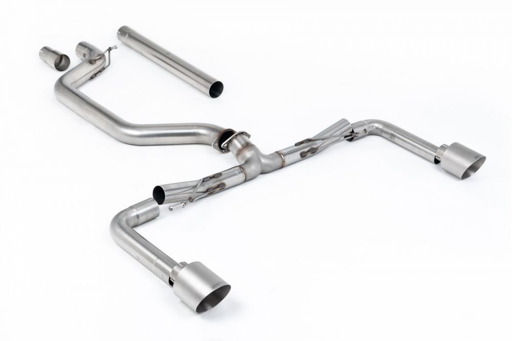 Milltek Sport exhaust system parts for 2021-2024 Volkswagen Golf Mk8 GTi (part SSXVW680): pipework, silencers and polished silver tailpipe tips