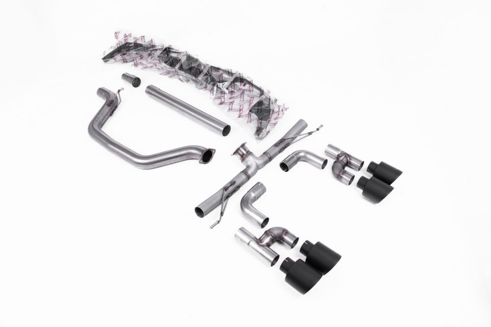 Milltek Sport exhaust system parts for 2021-2024 Volkswagen Golf Mk8 GTi (part SSXVW693): pipework, silencers and black tailpipe tips