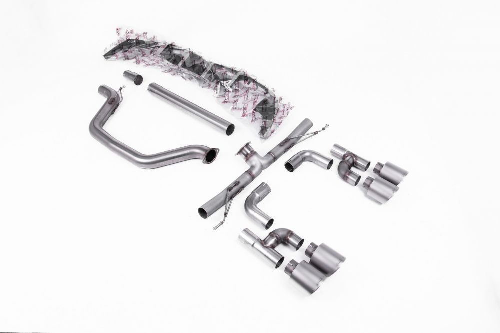 Milltek Sport exhaust system parts for 2021-2024 Volkswagen Golf Mk8 GTi (part SSXVW694): pipework, silencers and polished silver tailpipe tips