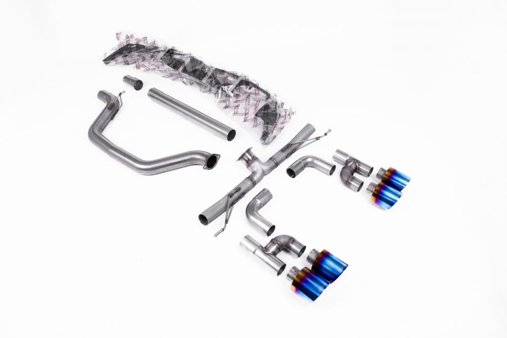 Milltek Sport exhaust system parts for 2021-2024 Volkswagen Golf Mk8 GTi (part SSXVW695): pipework, silencers and burnt titanium blue tailpipe tips