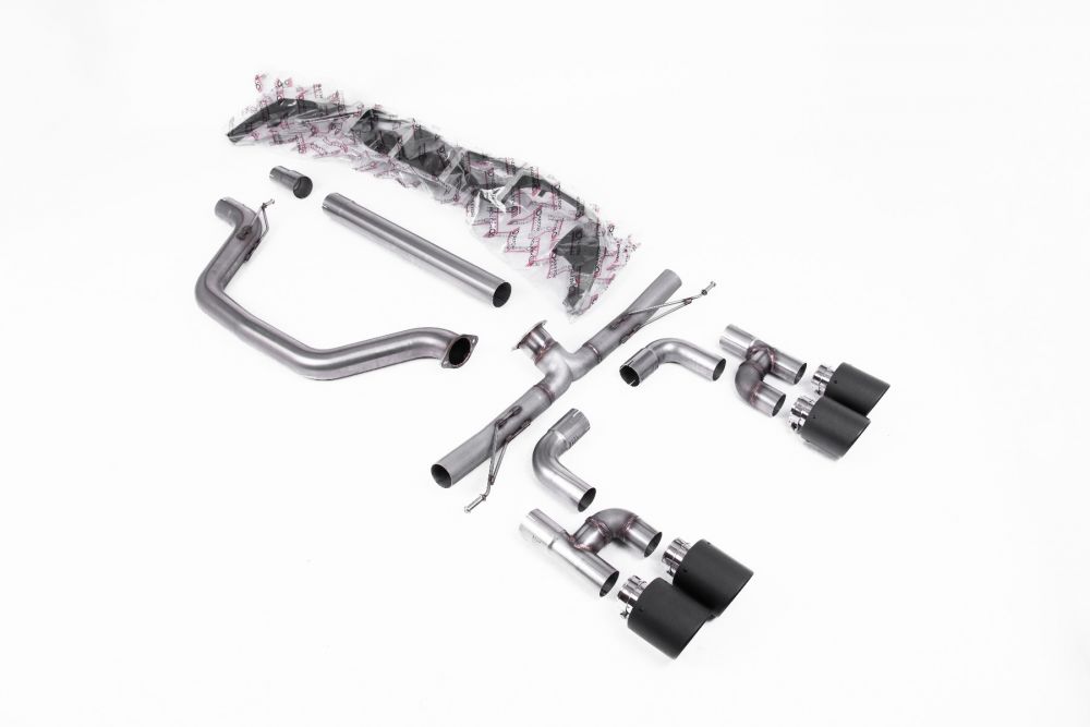 Milltek Sport exhaust system parts for 2021-2024 Volkswagen Golf Mk8 GTi (part SSXVW696): pipework, silencers and polished silver tailpipe tips
