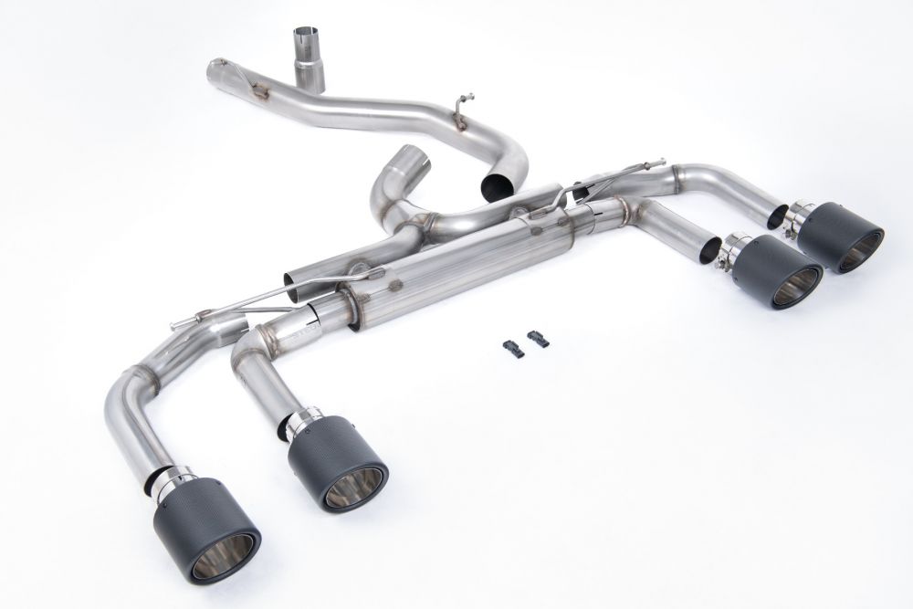 Milltek Sport exhaust system parts for 2025+ Volkswagen Golf Mk8.5 R (part SSXVW702): pipework, silencers and polished silver tailpipe tips