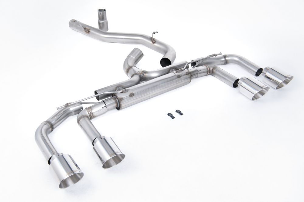 Milltek Sport exhaust system parts for 2025+ Volkswagen Golf Mk8.5 R (part SSXVW703): pipework, silencers and polished silver tailpipe tips
