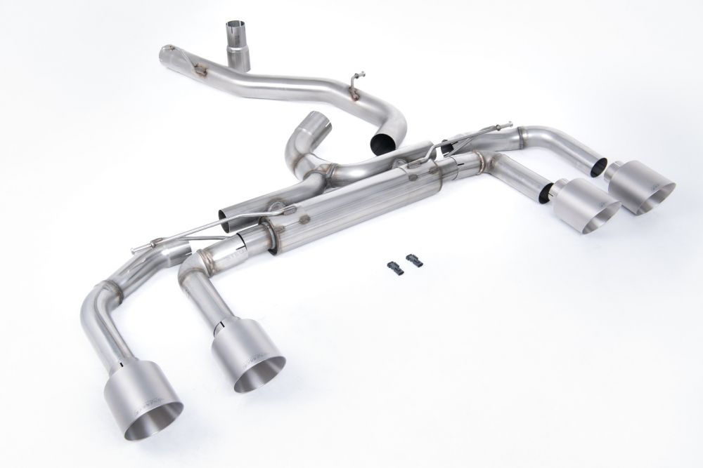 Milltek Sport exhaust system parts for 2025+ Volkswagen Golf Mk8.5 R (part SSXVW704): pipework, silencers and polished silver tailpipe tips