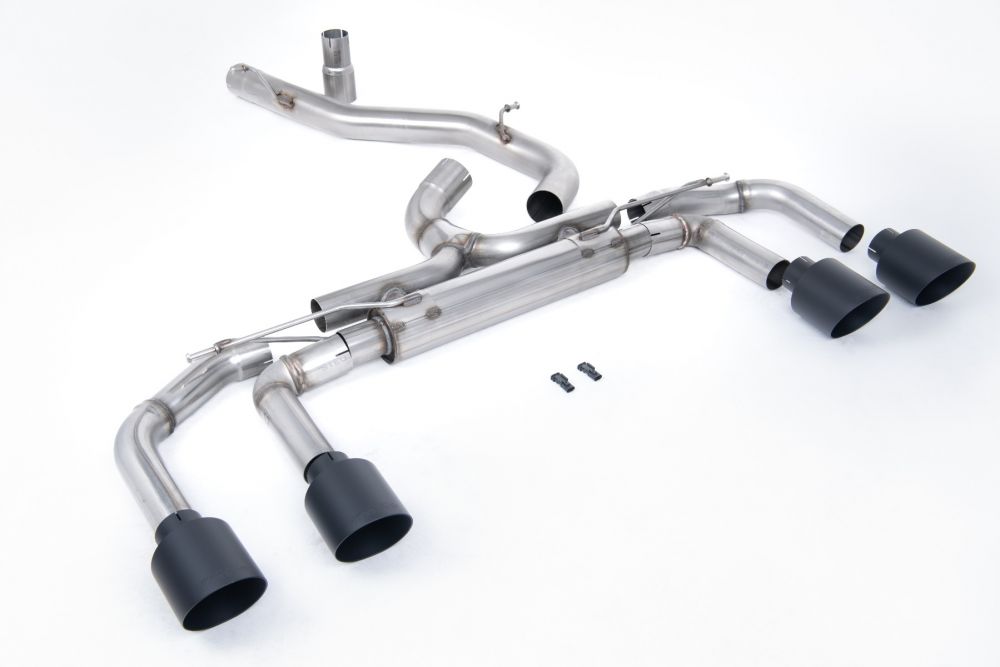 Milltek Sport exhaust system parts for 2025+ Volkswagen Golf Mk8.5 R (part SSXVW705): pipework, silencers and black tailpipe tips