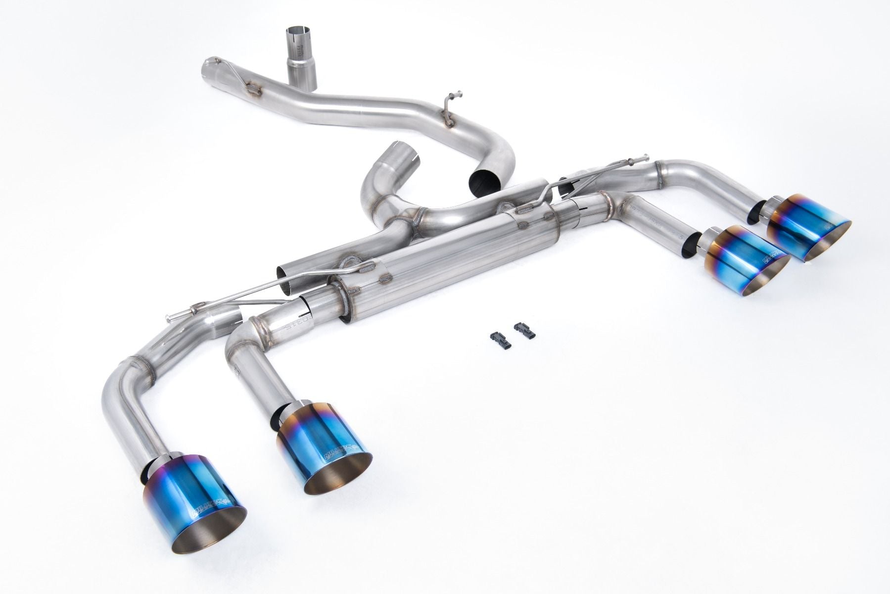 Milltek Sport exhaust system parts for 2022-2024 Volkswagen Golf Mk8 R 2.0 TSI 320PS (part SSXVW706): pipework, silencers and burnt titanium blue tailpipe tips