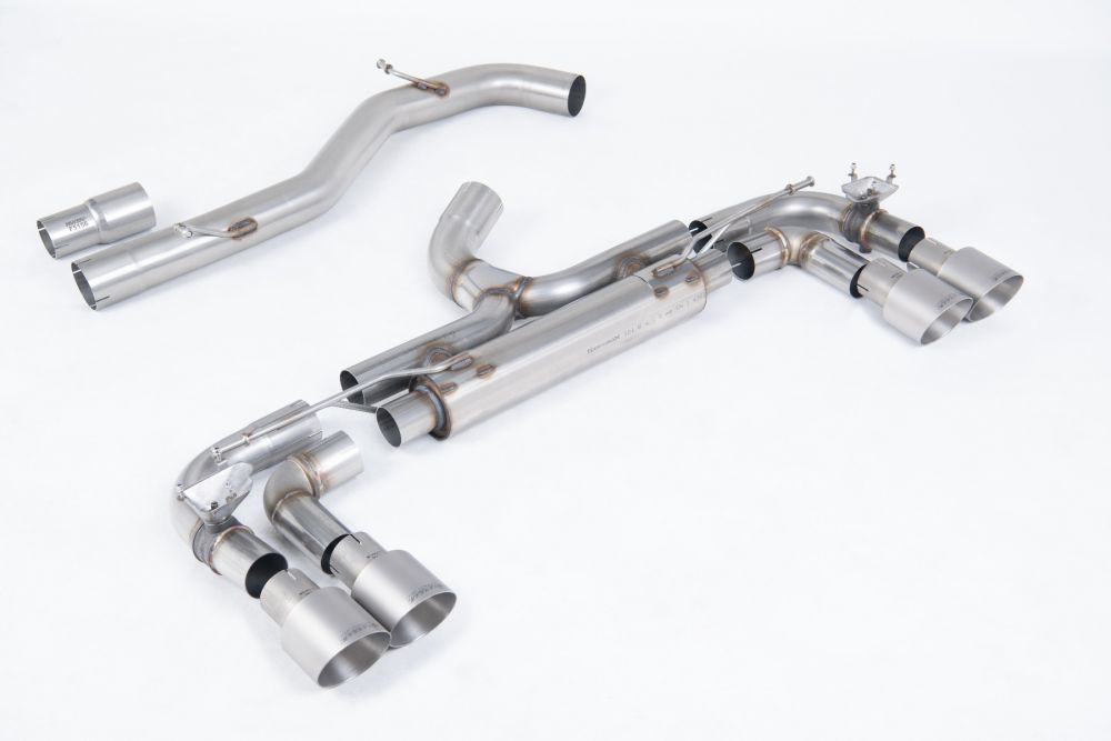 Milltek Sport exhaust system parts for 2014-2016 Volkswagen Golf MK7 R 2.0 TSI 300PS (part SSXVW715): pipework, silencers and polished silver tailpipe tips