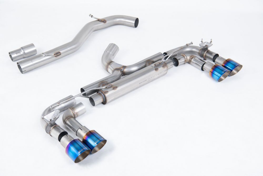 Milltek Sport exhaust system parts for 2014-2016 Volkswagen Golf MK7 R 2.0 TSI 300PS (part SSXVW716): pipework, silencers and burnt titanium blue tailpipe tips