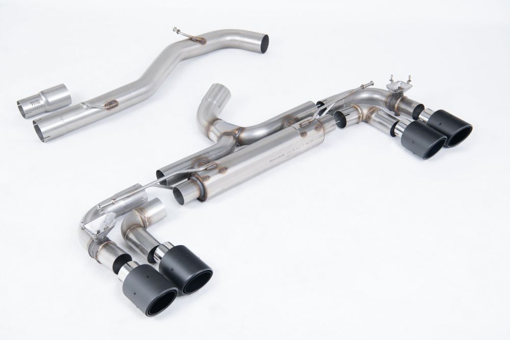 Milltek Sport exhaust system parts for 2014-2016 Volkswagen Golf MK7 R 2.0 TSI 300PS (part SSXVW717): pipework, silencers and black tailpipe tips
