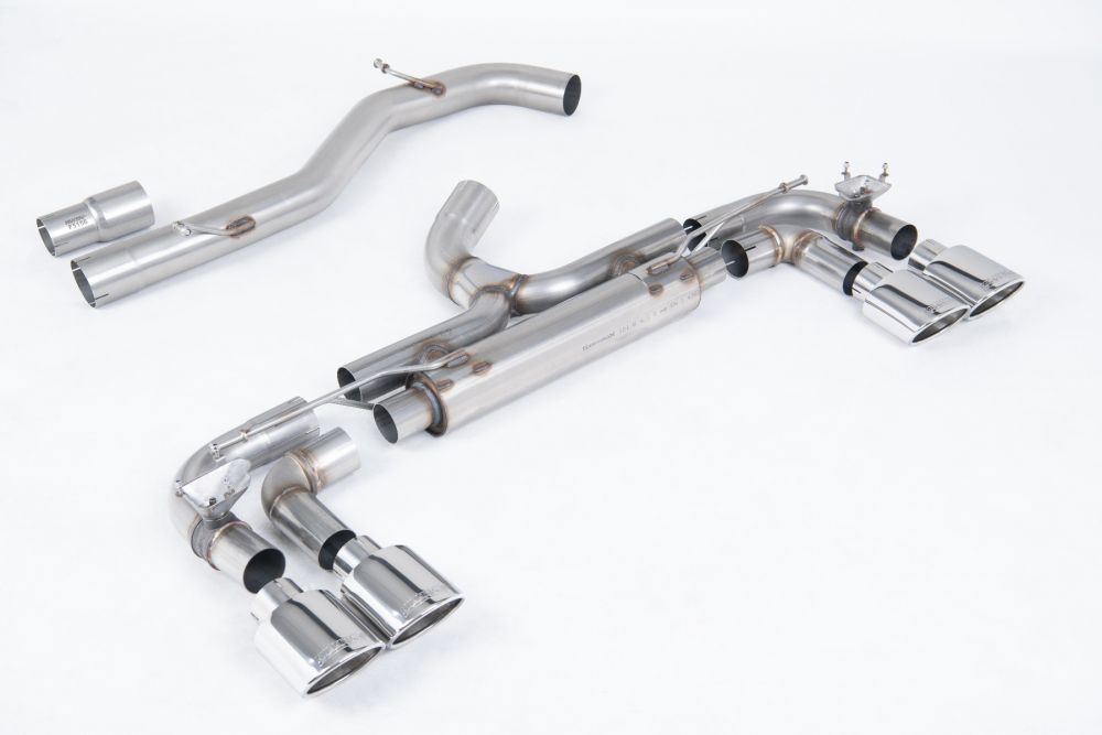 Milltek Sport exhaust system parts for 2014-2016 Volkswagen Golf MK7 R 2.0 TSI 300PS (part SSXVW718): pipework, silencers and polished silver tailpipe tips